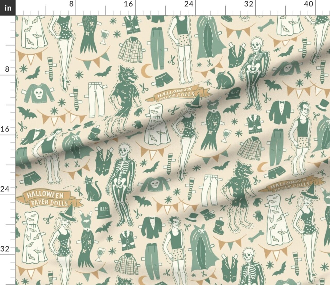 Retro Vintage Halloween Costume Party Witches Skeletons Bats Trick Or Treat Black Cat Vampire Costumes Dress Up Mid Century Mcm Dolls Paper Custom Printed Fabric by Spoonflower Various Fabrics by the Yard or Fat Quarter